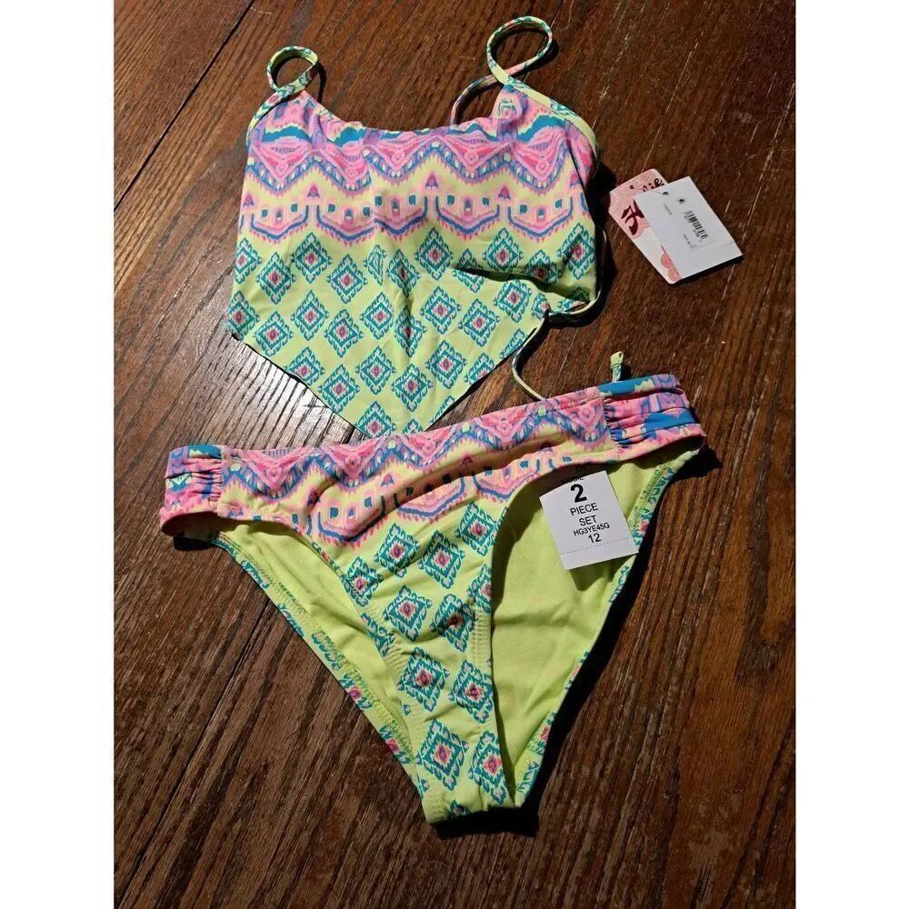 New Girls Sz 12 Hobie 2pc Swimsuit Spaghetti Strap Rear Tie Hankerchief Tankini